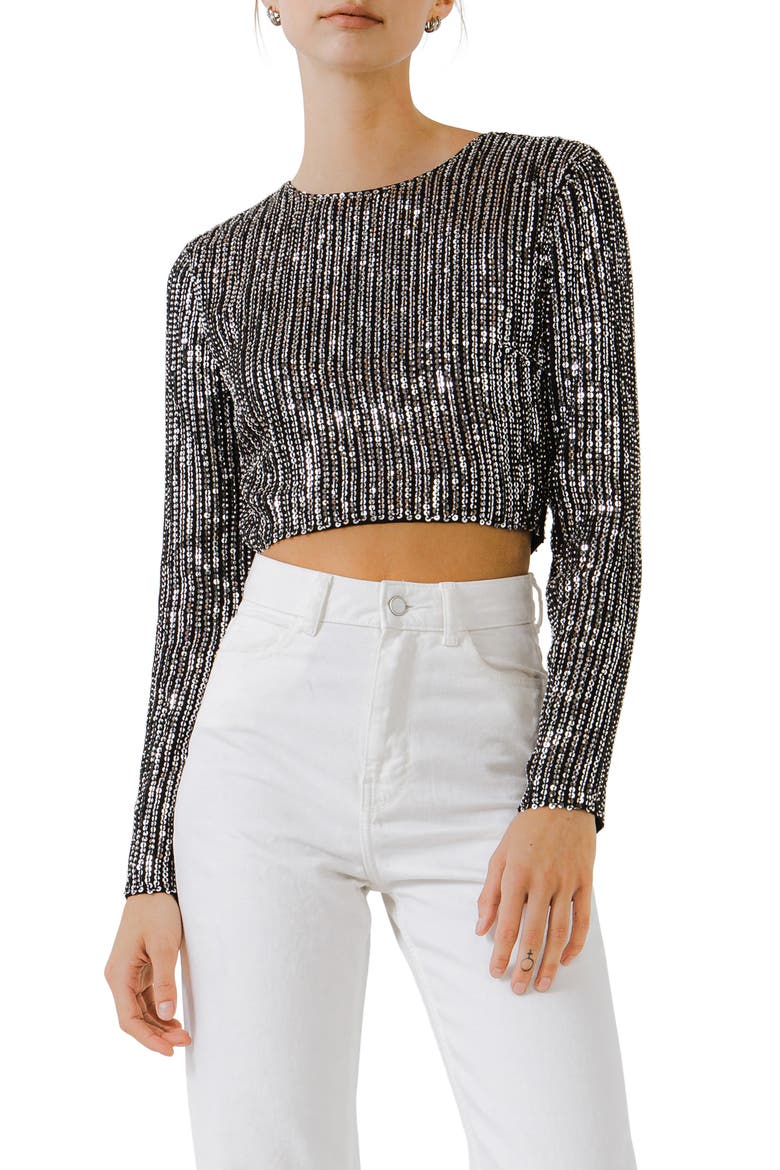 Sequin Open Back Crop Top, Alternate, color, BLACK