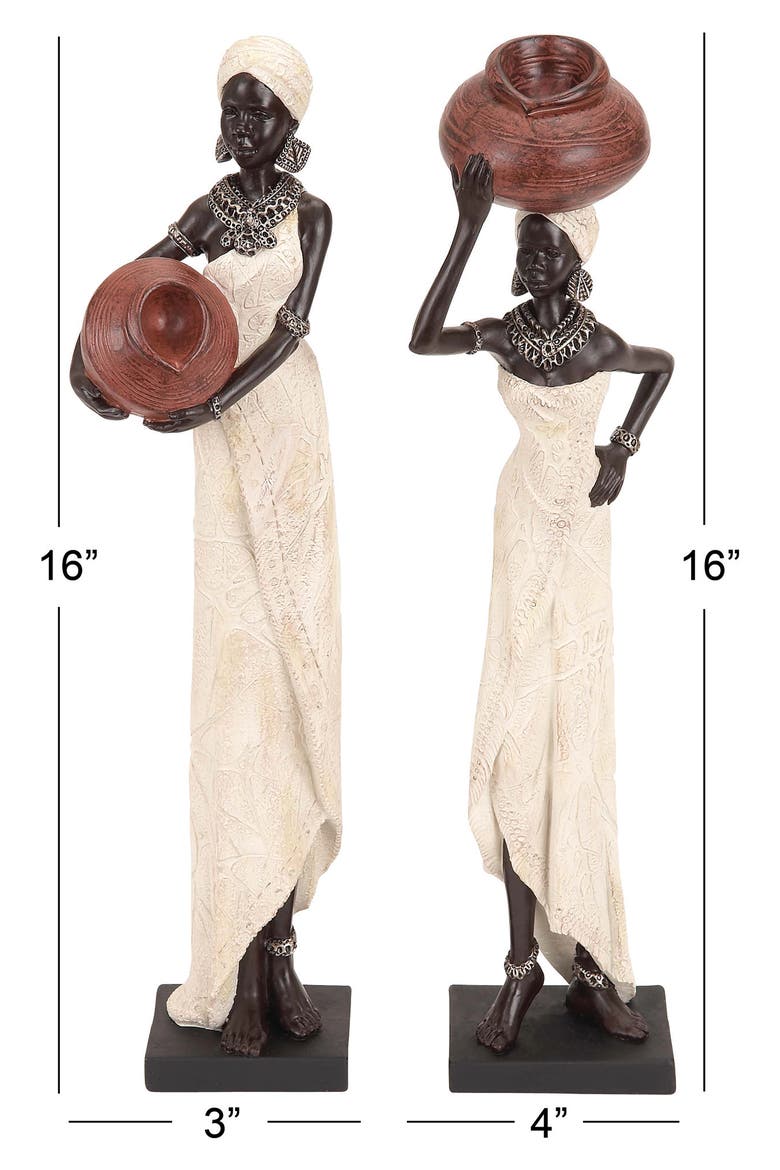 Cream Polystone Standing African Woman Sculpture with Red Water Pots and Black Base - Set of 2, Alternate, color, CREAM