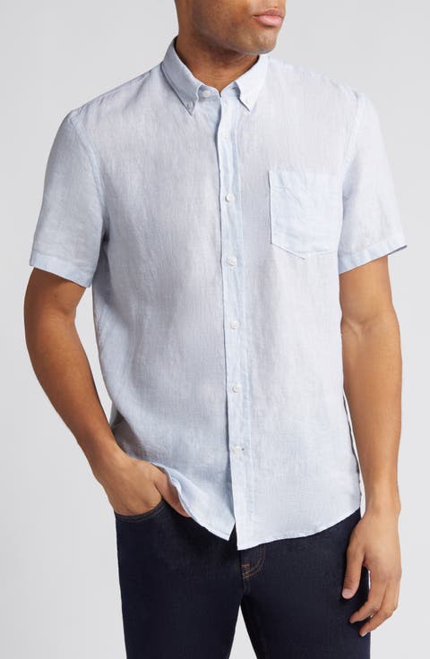 Trim Fit Short Sleeve Linen Button-Down Shirt (Regular, Big & Tall)