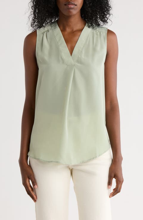 V-Neck Sleeveless Pleat Front Top