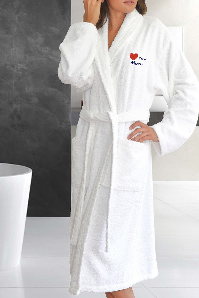 'I Love You Mom' Embroidered White Terry Bathrobe, Alternate, color, WHITE