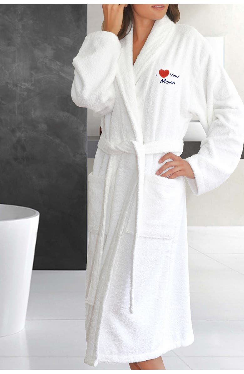 Linum Home Textiles 'I Love You Mom' Embroidered White Terry Bathrobe, Alternate, color, White