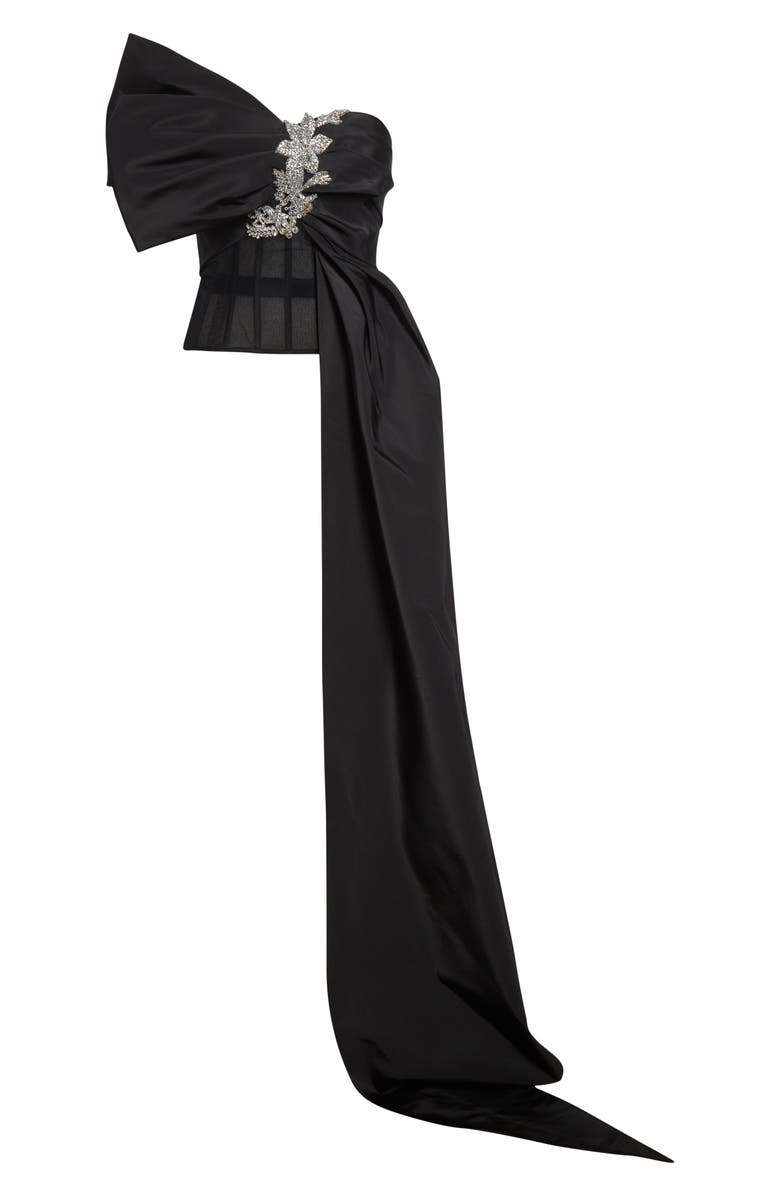 Oscar de la Renta Crystal Embroidered Bow Faille Bustier Top, Alternate, color, Black