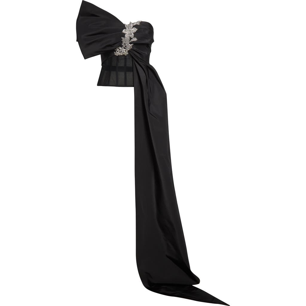 Oscar De La Renta Crystal Embroidered Bow Faille Bustier Top In Black