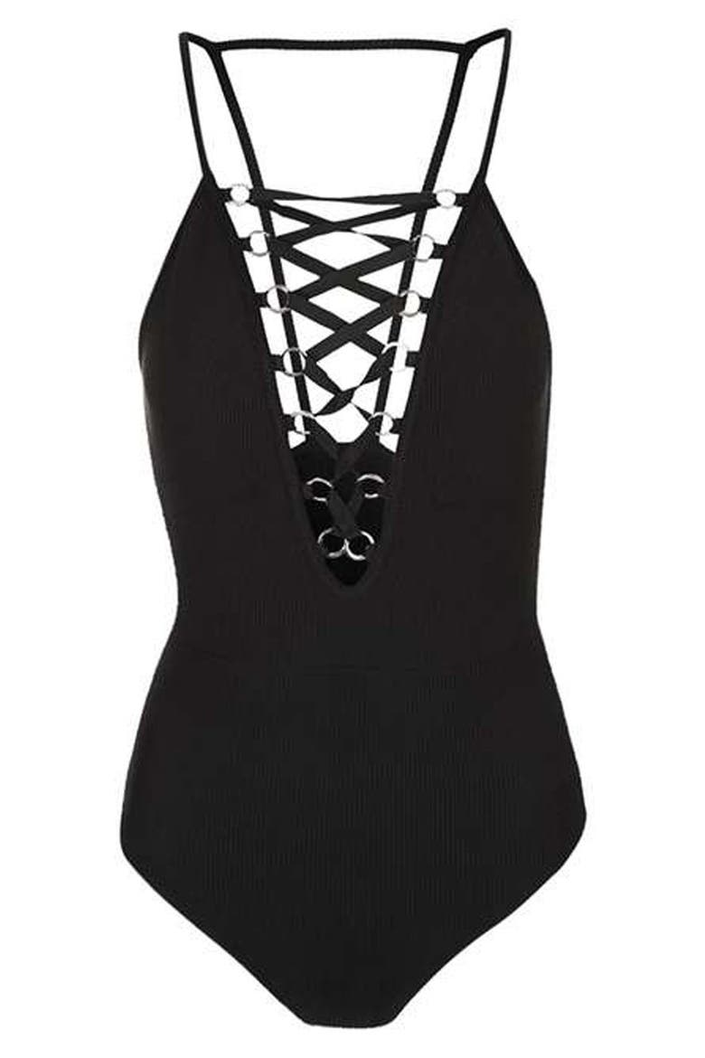 Lace-Up Ribbed Bodysuit, Alternate, color, BLACK
