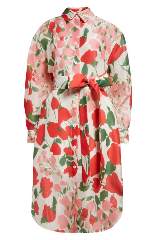 Carolina Herrera Rose Print Oversized Self-belt Midi Shirt Dress In White Multi