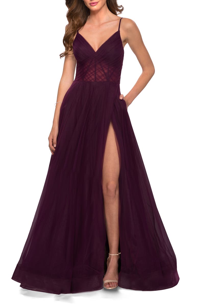 La Femme A Line Tulle Prom Dress with Sheer Bodice, Main, color, Dark Berry