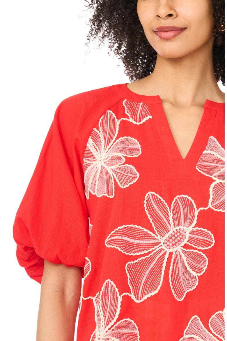 Puff Sleeve Floral Print Peasant Top, Alternate, color, LOBSTER RED