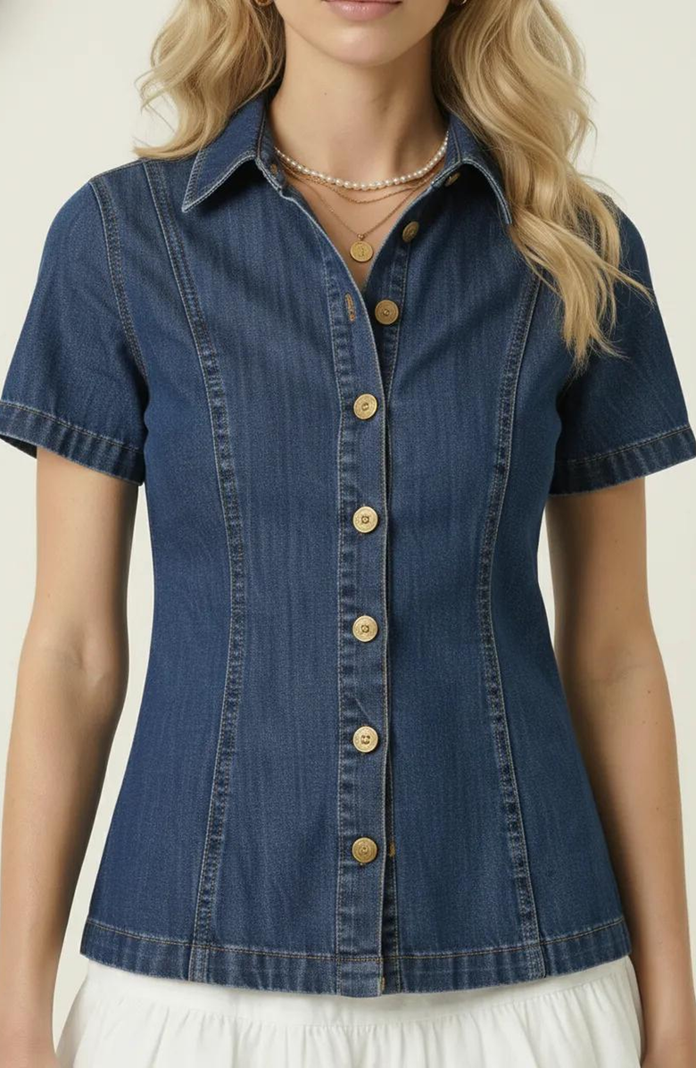 Modenaire Tailored Denim Front Button Shirt, Main, color, Indigo / Medium-Wash