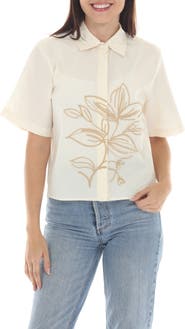 RAIN AND ROSE Embroidered Floral Button-Up Shirt