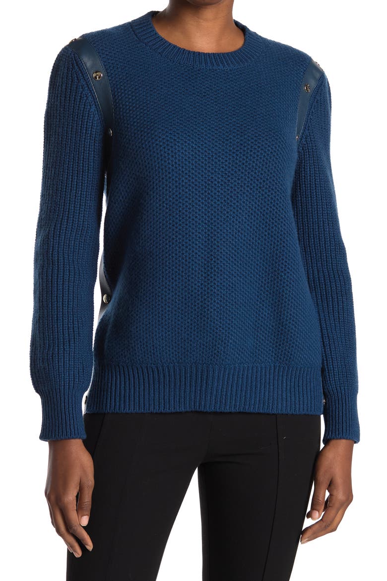 Salvatore Ferragamo Studded Leather Trim Cashmere Blend Sweater, Main, color, PETROLE
