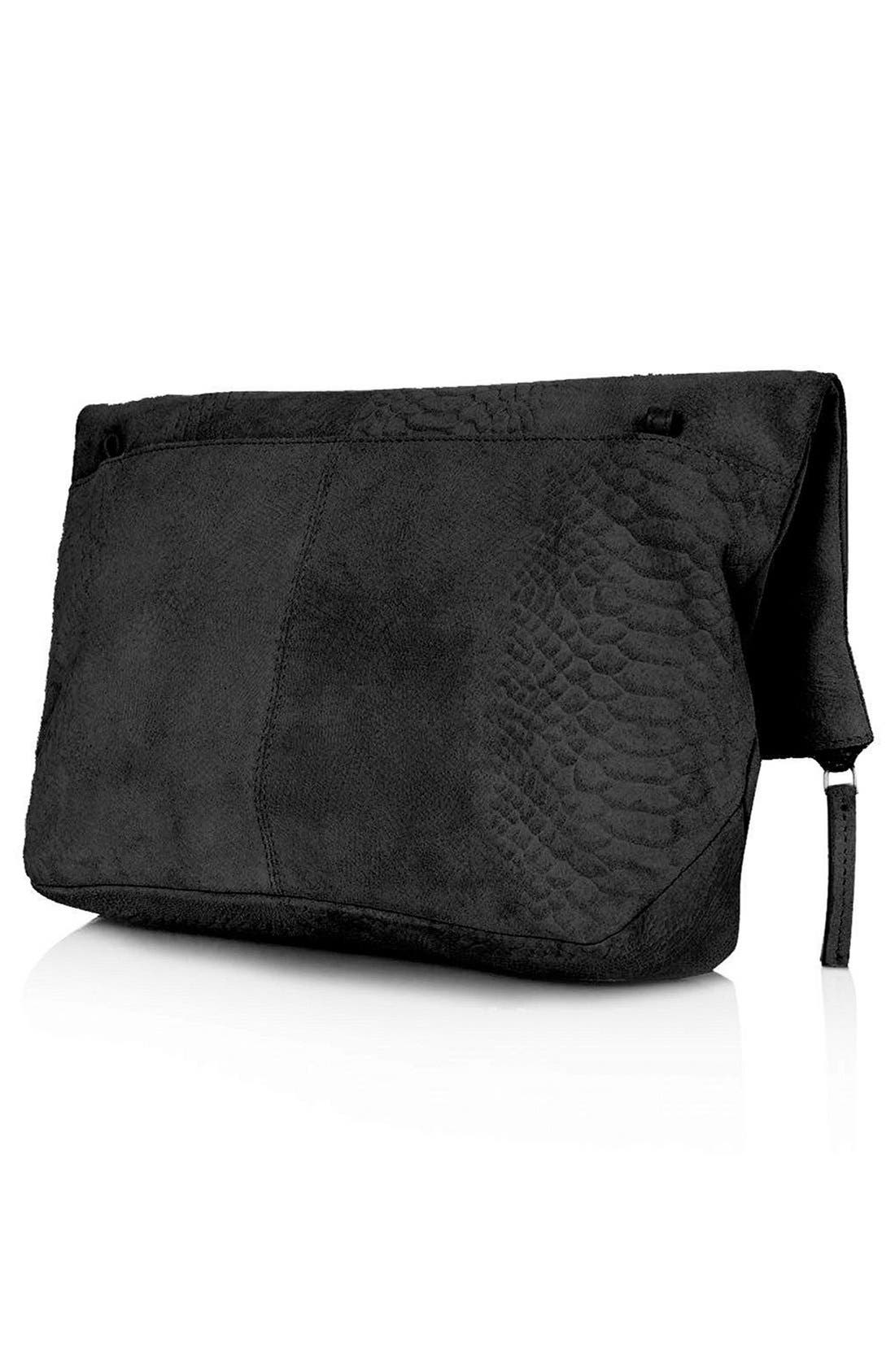 Snake Print Suede Clutch, Alternate, color, BLACK