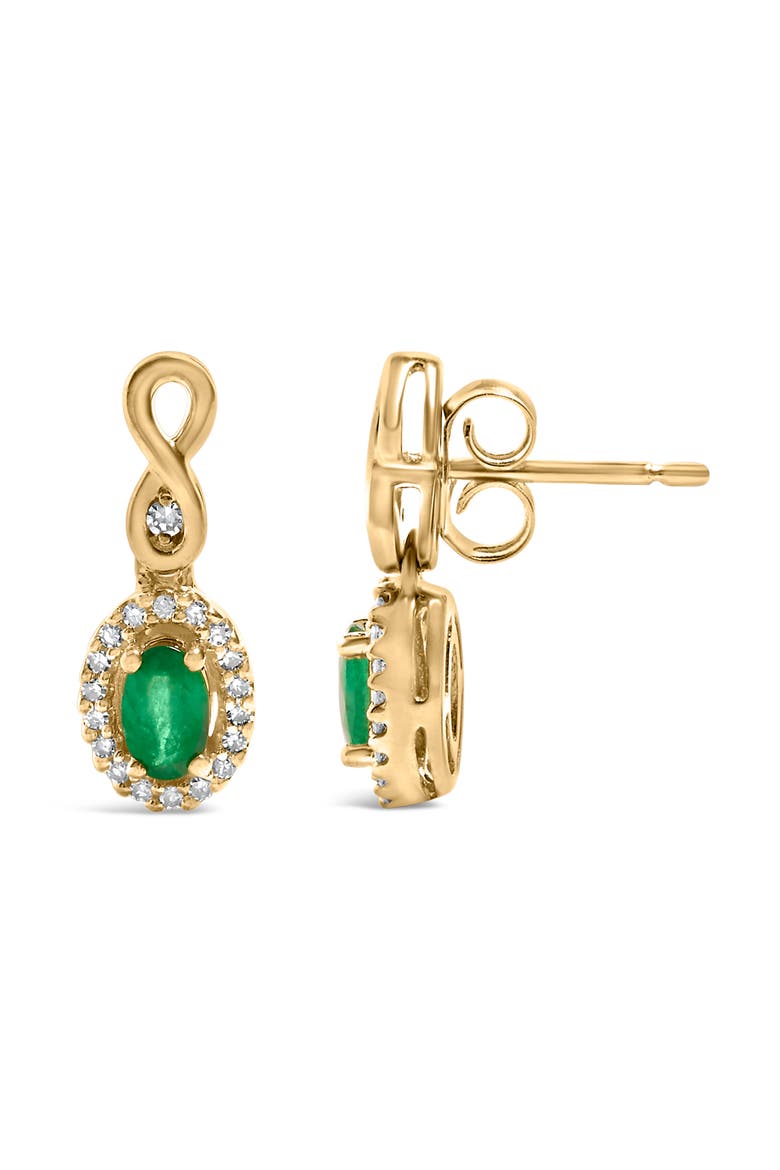 10K Yellow Gold Oval Green Emerald 5x3 mm and 1/7 Ct Diamond Dangle Earrings, Alternate, color, Yellow