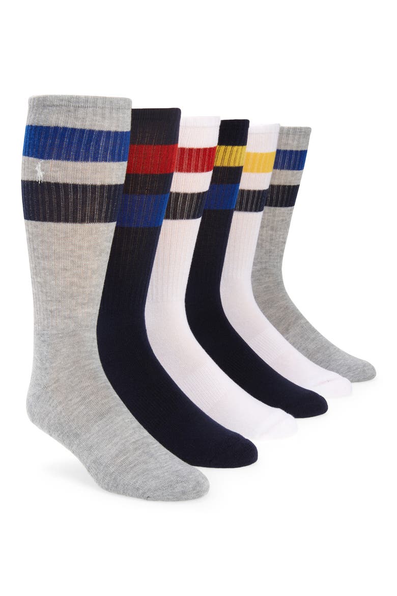 Assorted 6-Pack Double Stripe Crew Socks, Main, color, ASST