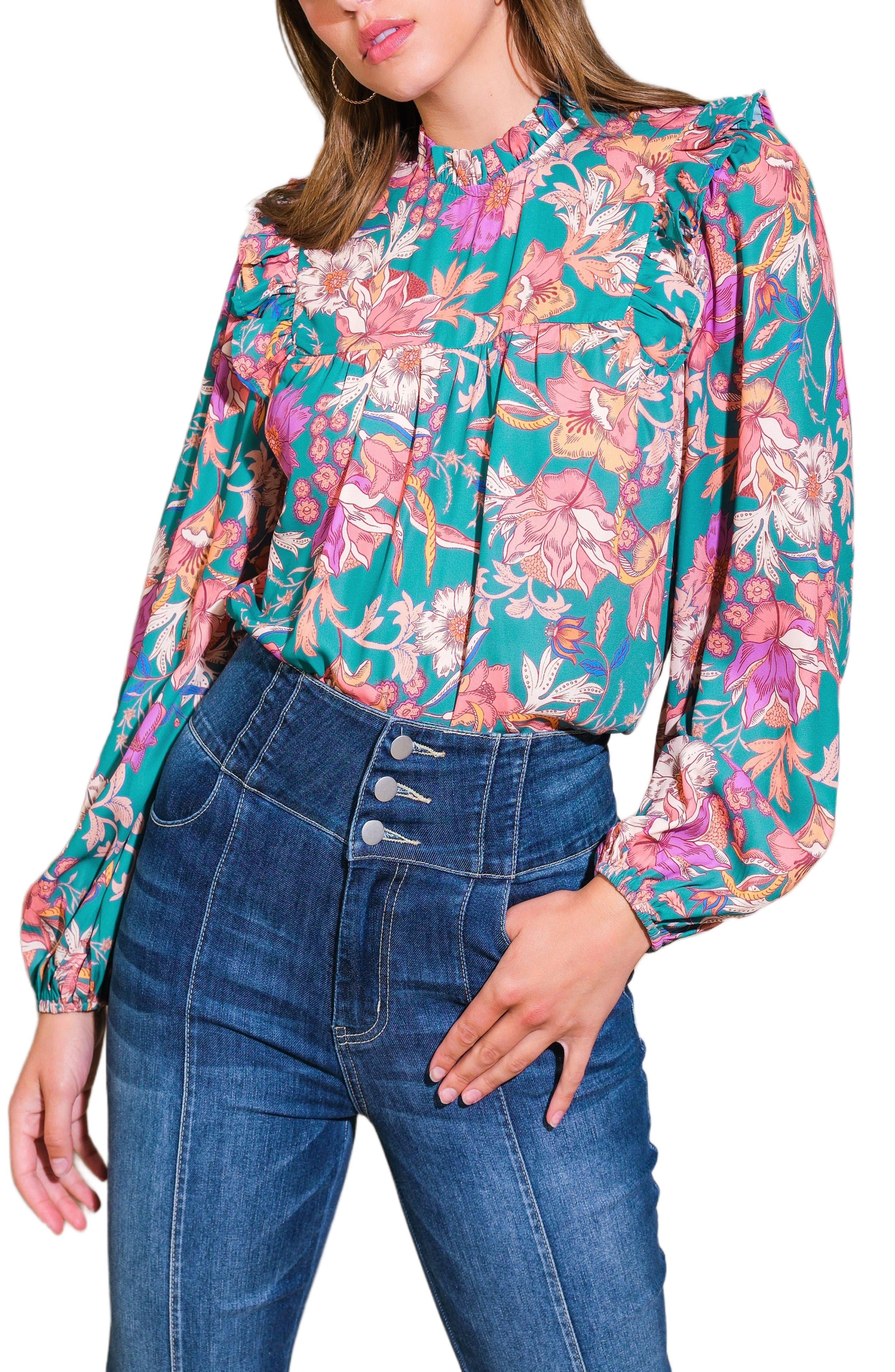 Floral Print Mock Neck Top