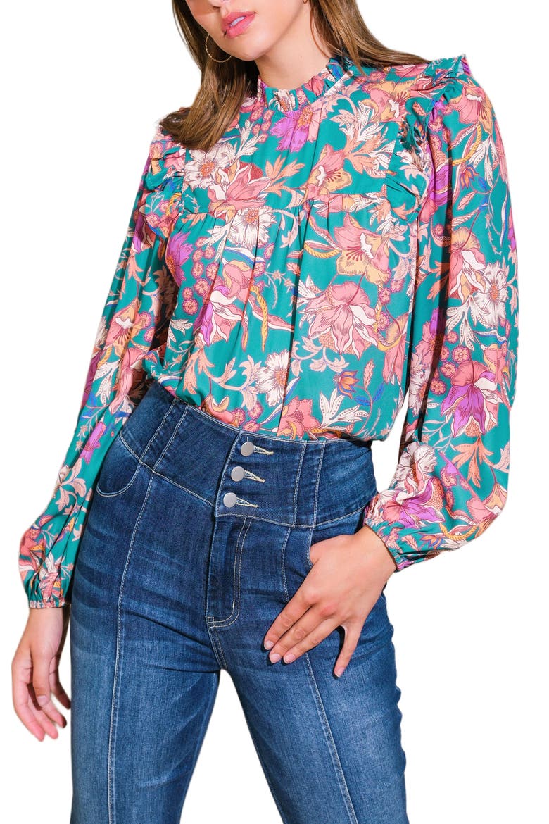 Floral Print Mock Neck Top, Main, color, TEAL