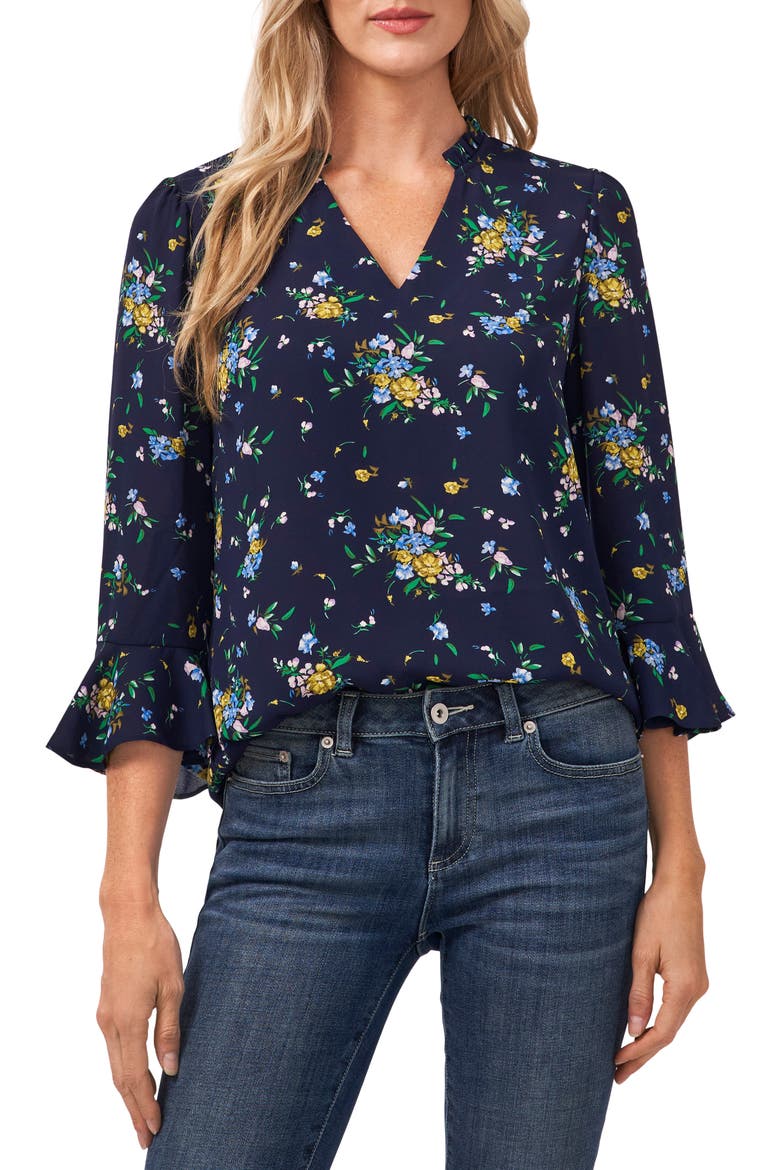 Floral Bouquet Ruffle Cuff Blouse, Main, color, CLASSIC NAVY