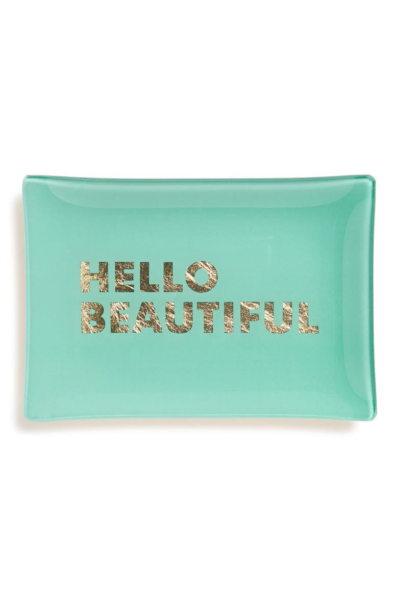 'Hello Beautiful' Glass Trinket Tray, Main, color, GREEN