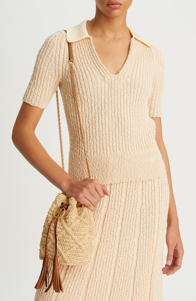 Tory Burch Fleming Soft Straw Crochet Mini Bucket Bag, Alternate, color,