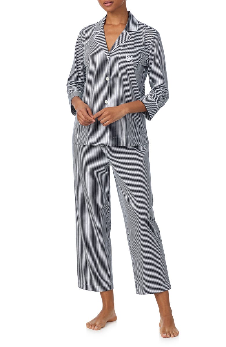 Lauren Ralph Lauren Knit Crop Cotton Pajamas, Main, color, Windsor Navy/ White Stripe