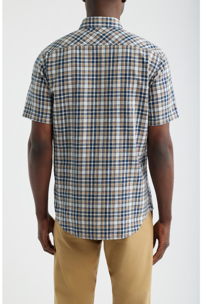 Funchal Regular Fit Plaid Short Sleeve Cotton & Linen Sport Shirt, Alternate, color, BLUE