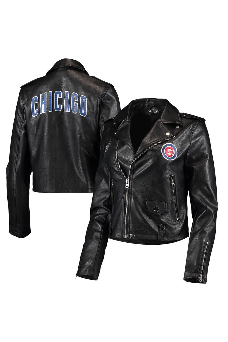 Women's The Wild Collective Black Chicago Cubs Faux Leather Moto Full-Zip Jacket, Main, color, Black