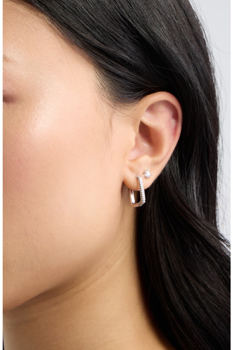 Set of 3 Studs & Square Pavé Hoop Earring Set, Alternate, color, CLEAR- SILVER