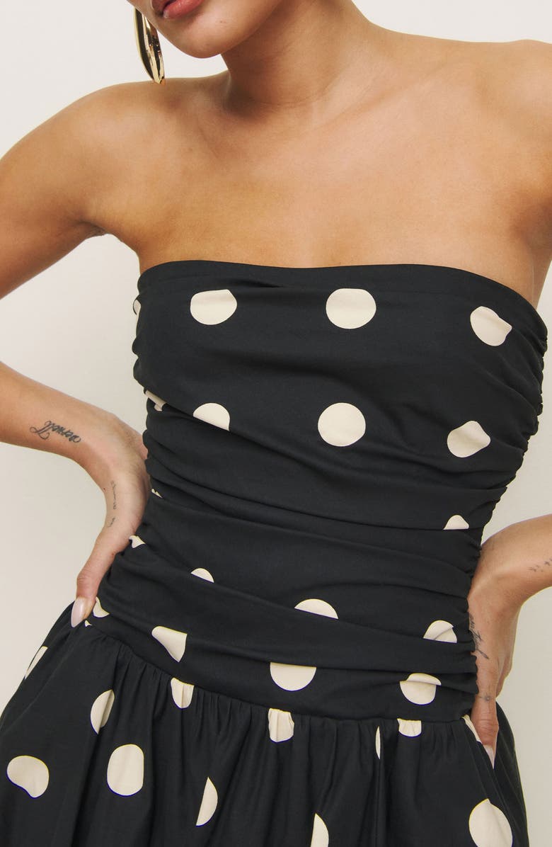 Reformation Clea Strapless Bubble Hem Minidress, Alternate, color, Moon Dot
