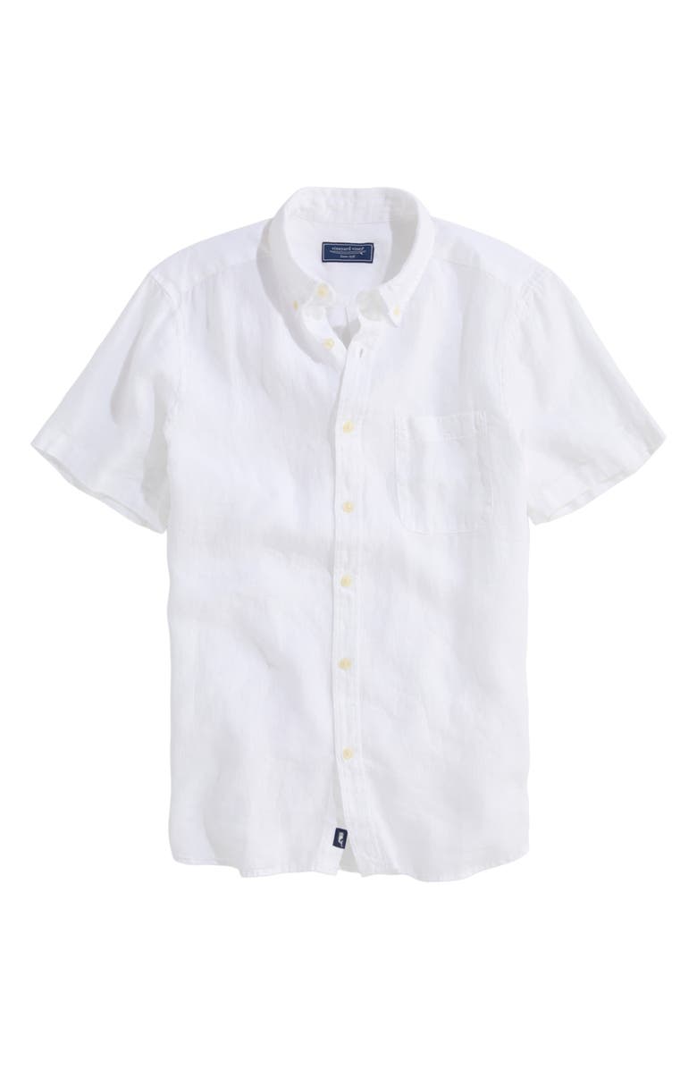 vineyard vines Surfside Solid Short Sleeve Linen Button-Down Shirt, Alternate, color, Linen White Cap