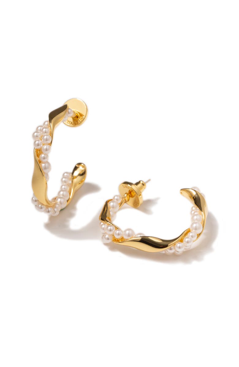 Classicharms Nadia Molten Shell Pearl Twisted Hoop Earrings, Main, color, Gold