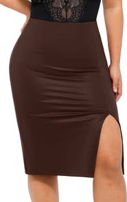 Popilush Shapewear Sculpting Faux Leather Front Slit Midi Skirt