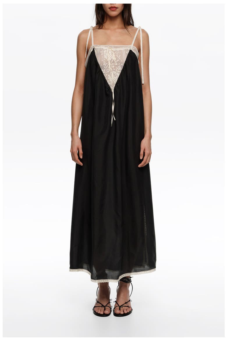 Silk Lace Strappy Dress, Main, color, BLACK