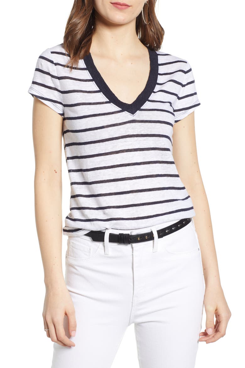 Cap Sleeve V-Neck Linen Tee, Main, color, NAVY ECLIPSE STRIPE