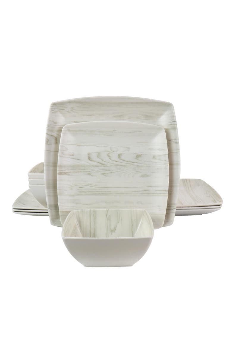 Woodgrain 12 Piece Melamine Dinnerware Set, Main, color, White
