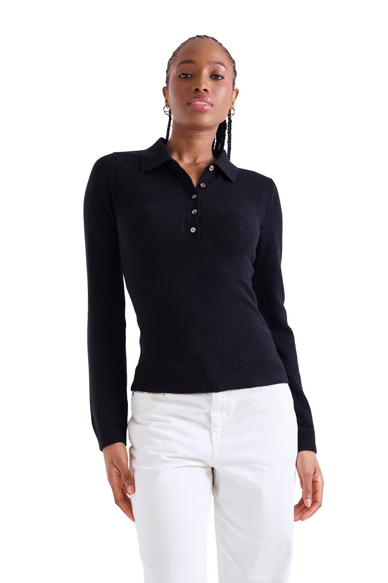 Amaya Button 100% Cashmere Polo Top, Main, color, BLACK