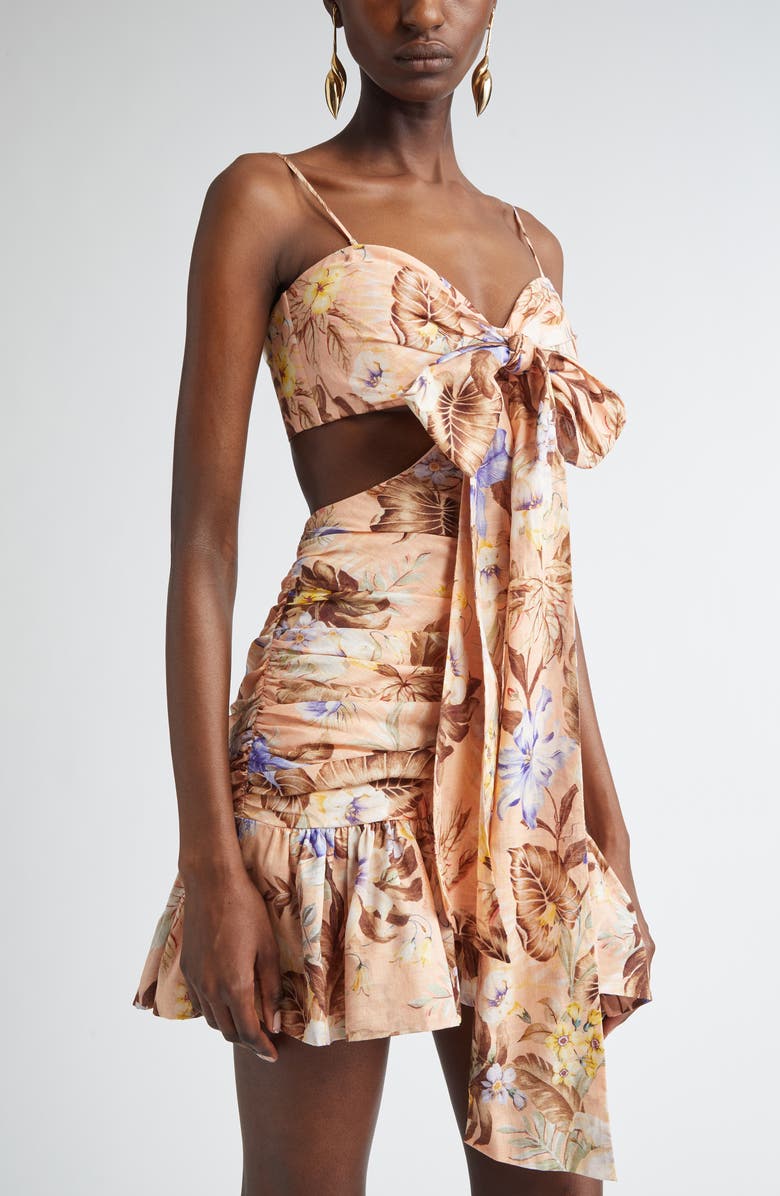 Zimmermann Coco Floral Print Bow Detail Minidres, Alternate, color, Peach Multi Floral