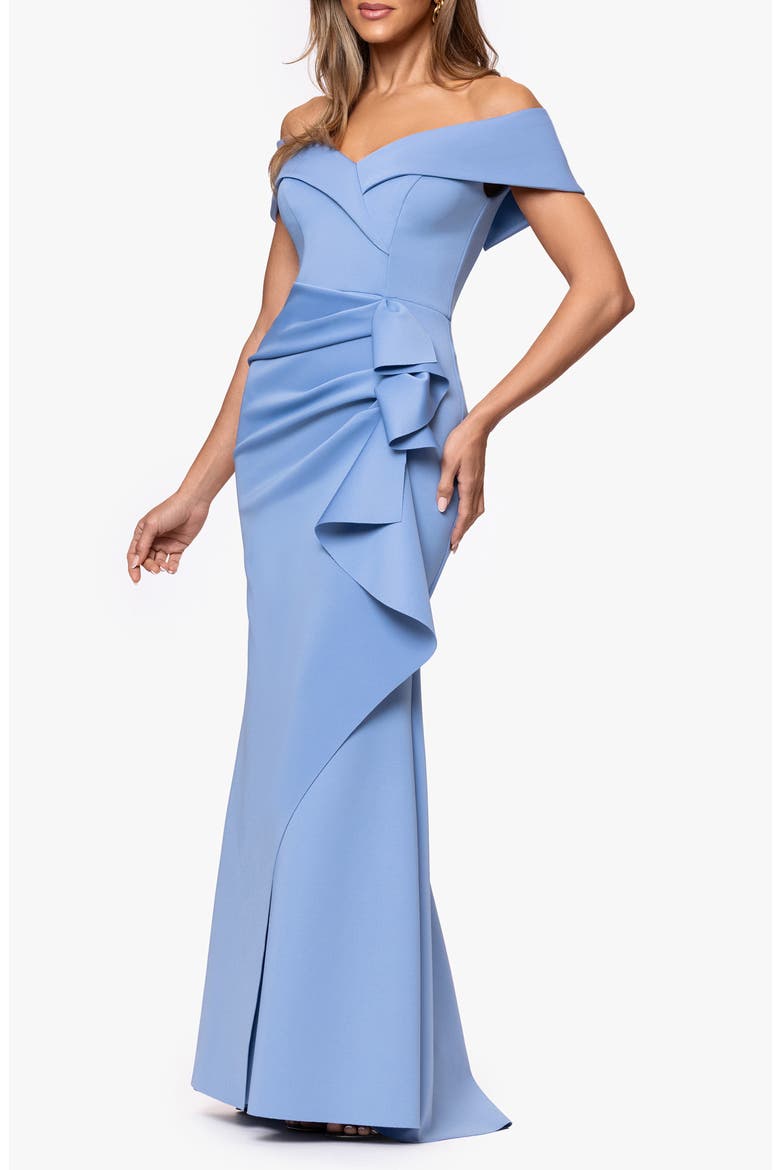 Off the Shoulder Ruffle Scuba Crepe Gown, Alternate, color, SLATE