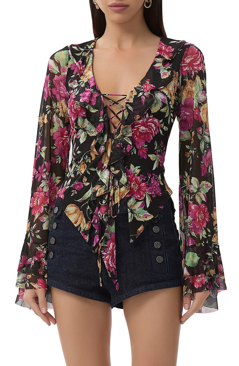 AFRM Cadence Lace-Up Long Sleeve Top, Main, color, Dusted Floral