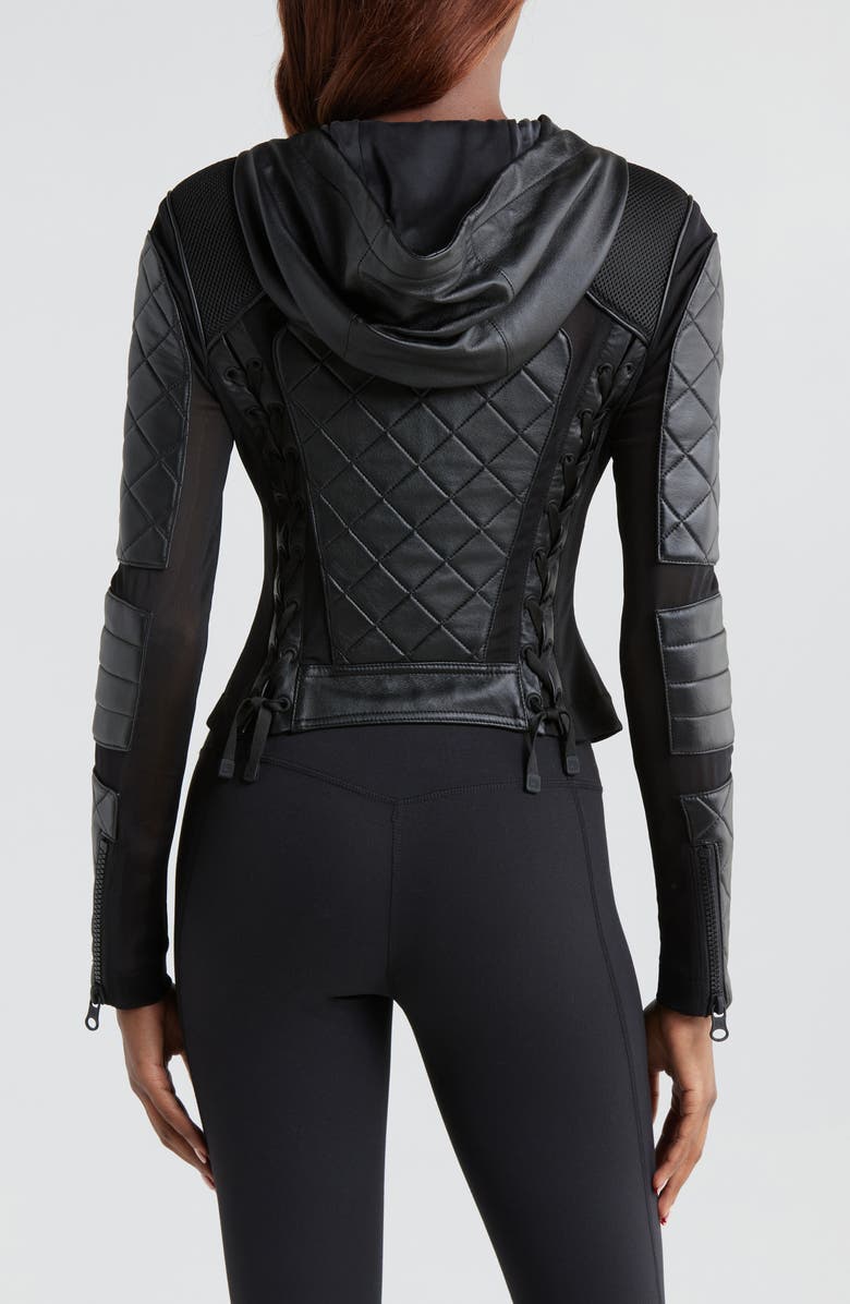 Blanc Noir Leather & Mesh Hooded Moto Jacket, Alternate, color,