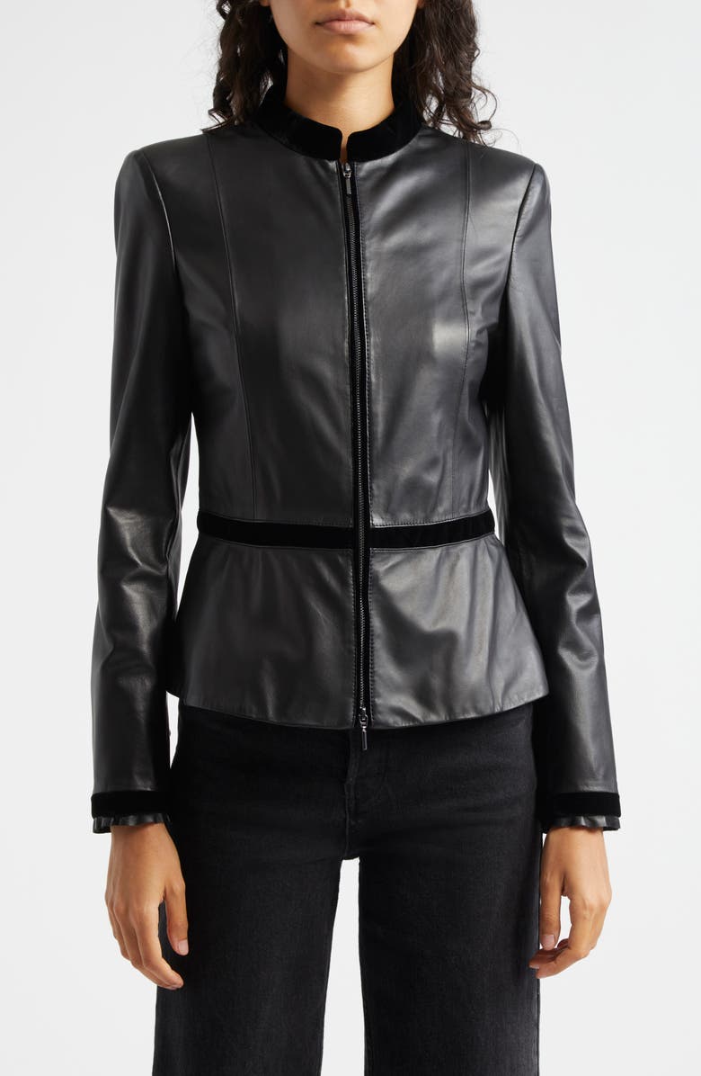 Emporio Armani Velvet Trim Leather Jacket, Main, color,