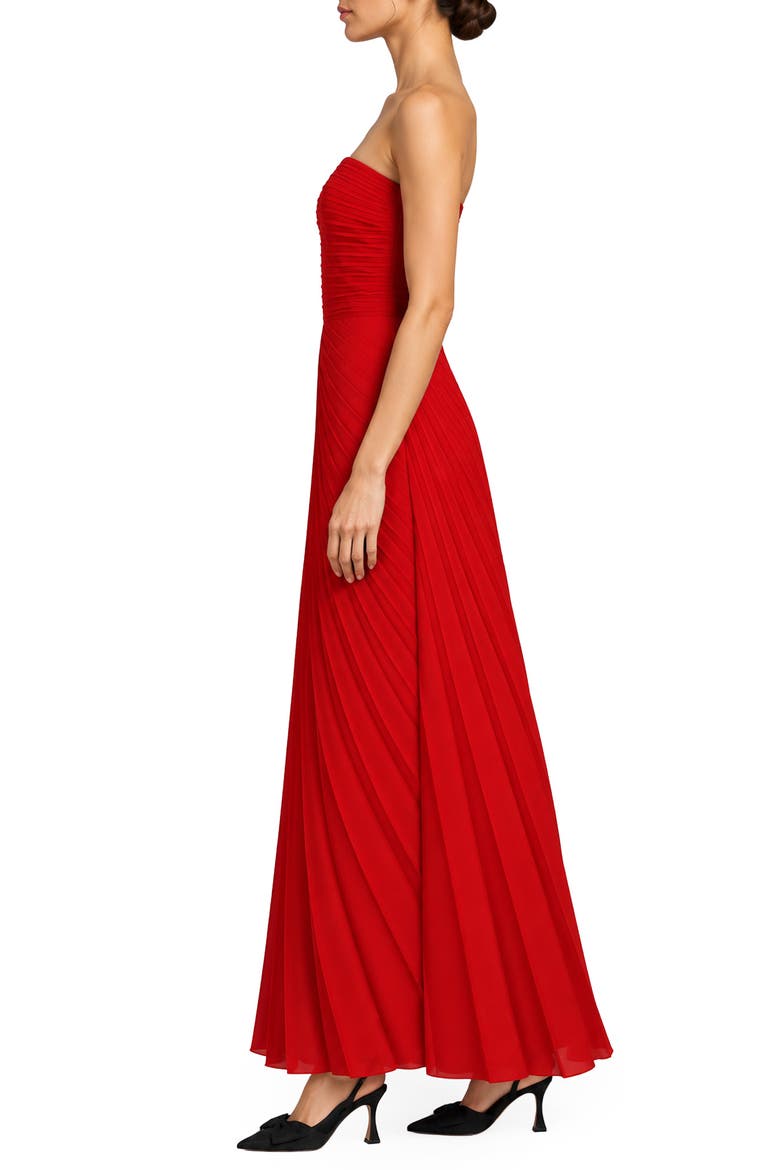 Pleated Satin Strapless Midi Dress, Alternate, color, TRUE RED