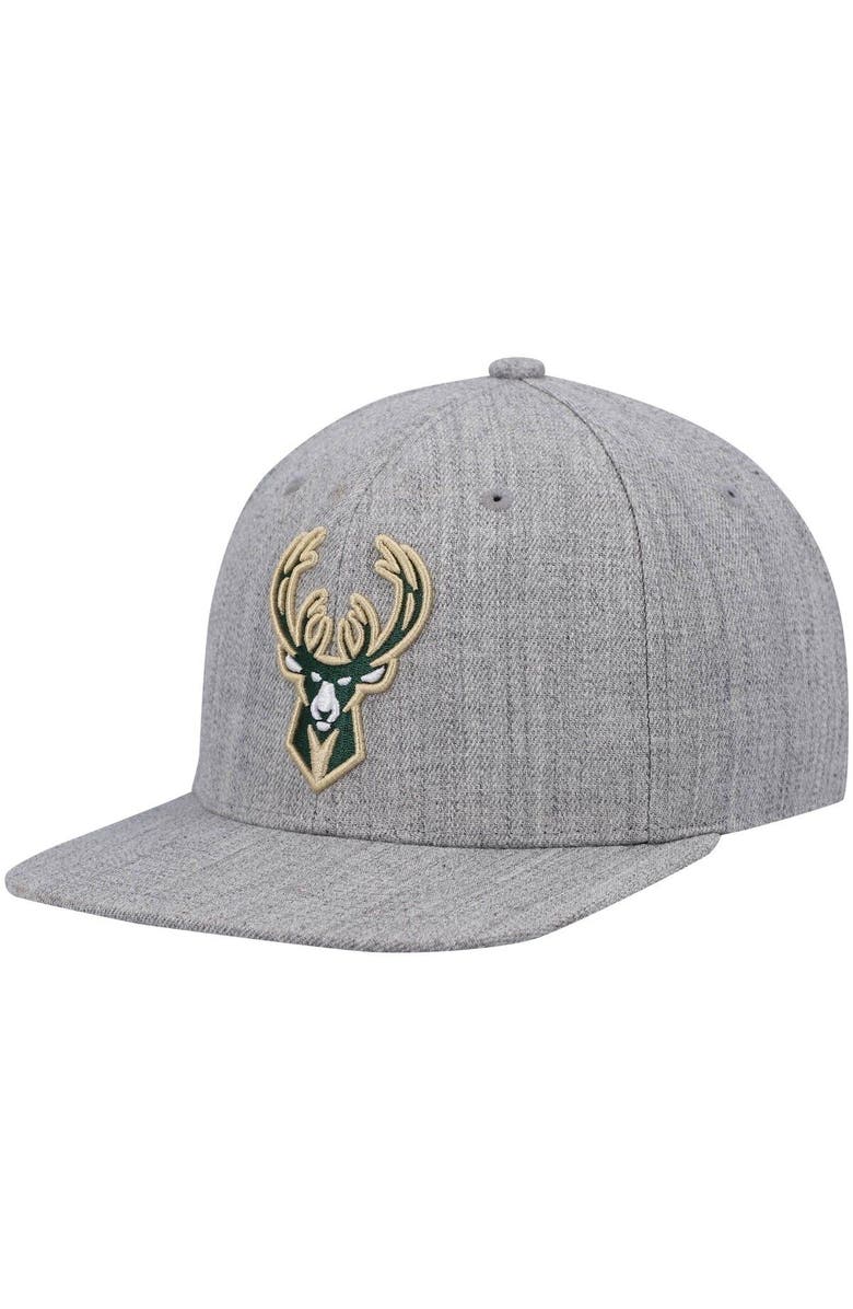 Mitchell & Ness Men's Mitchell & Ness Heathered Gray Milwaukee Bucks 2.0 Snapback Hat, Main, color, 