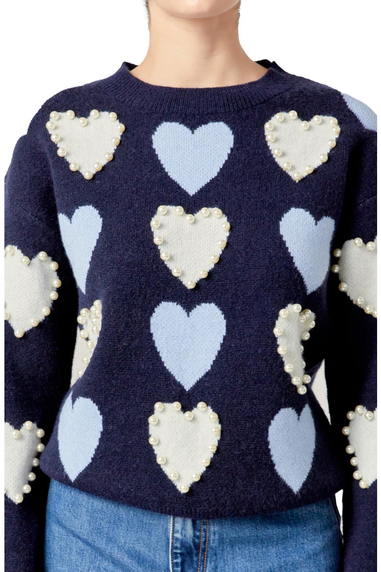 Heart Faux Pearl Embellished Crewneck Sweater, Alternate, color, NAVY MULTI