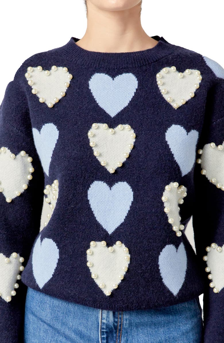 English Factory Heart Faux Pearl Embellished Crewneck Sweater, Alternate, color, Navy Multi