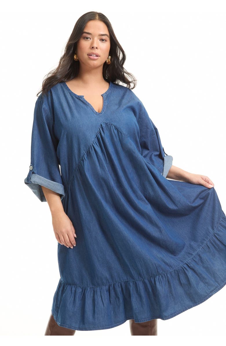 June + Vie Ruffled Denim Dress, Alternate, color, Dark Rinse