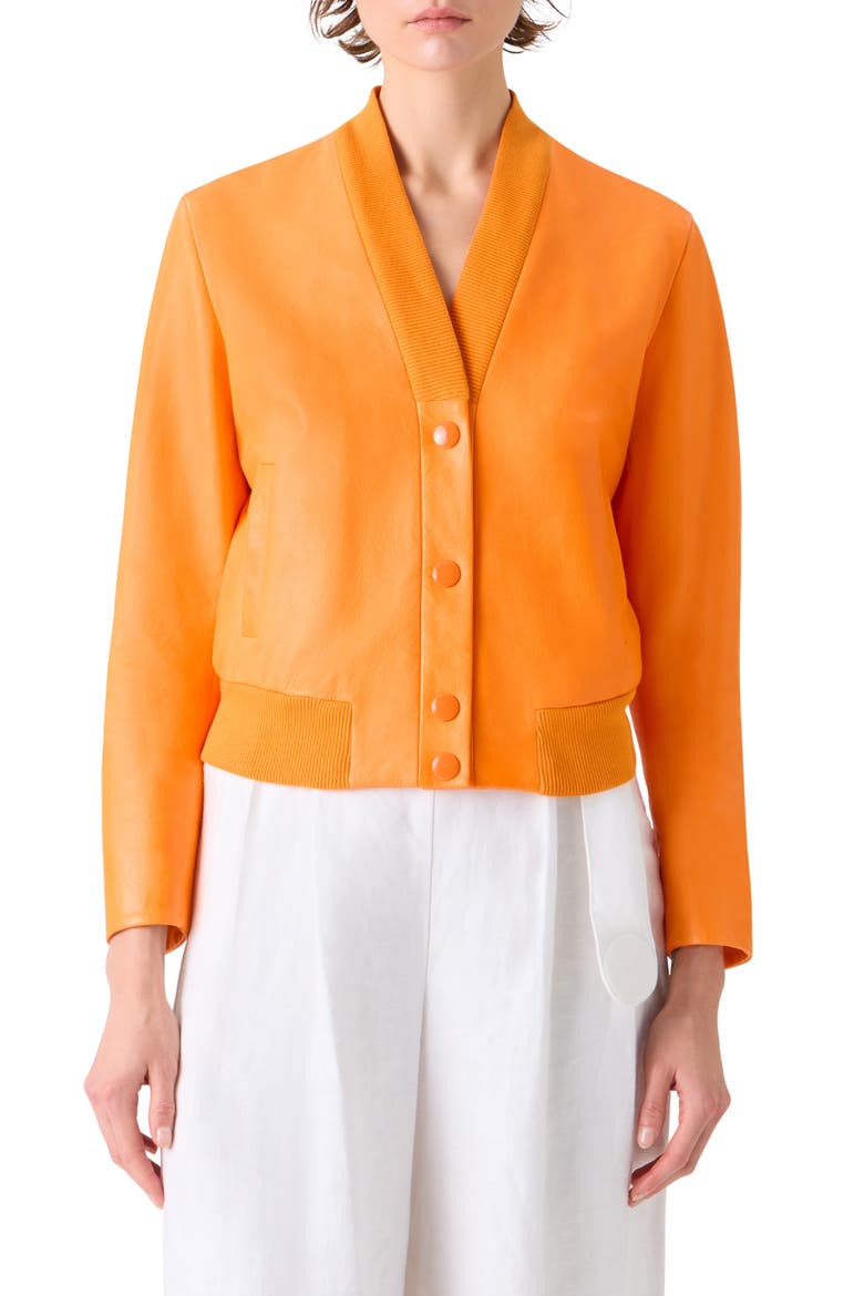 Crinkle Napa Leather Bomber Jacket, Main, color, ORANGE