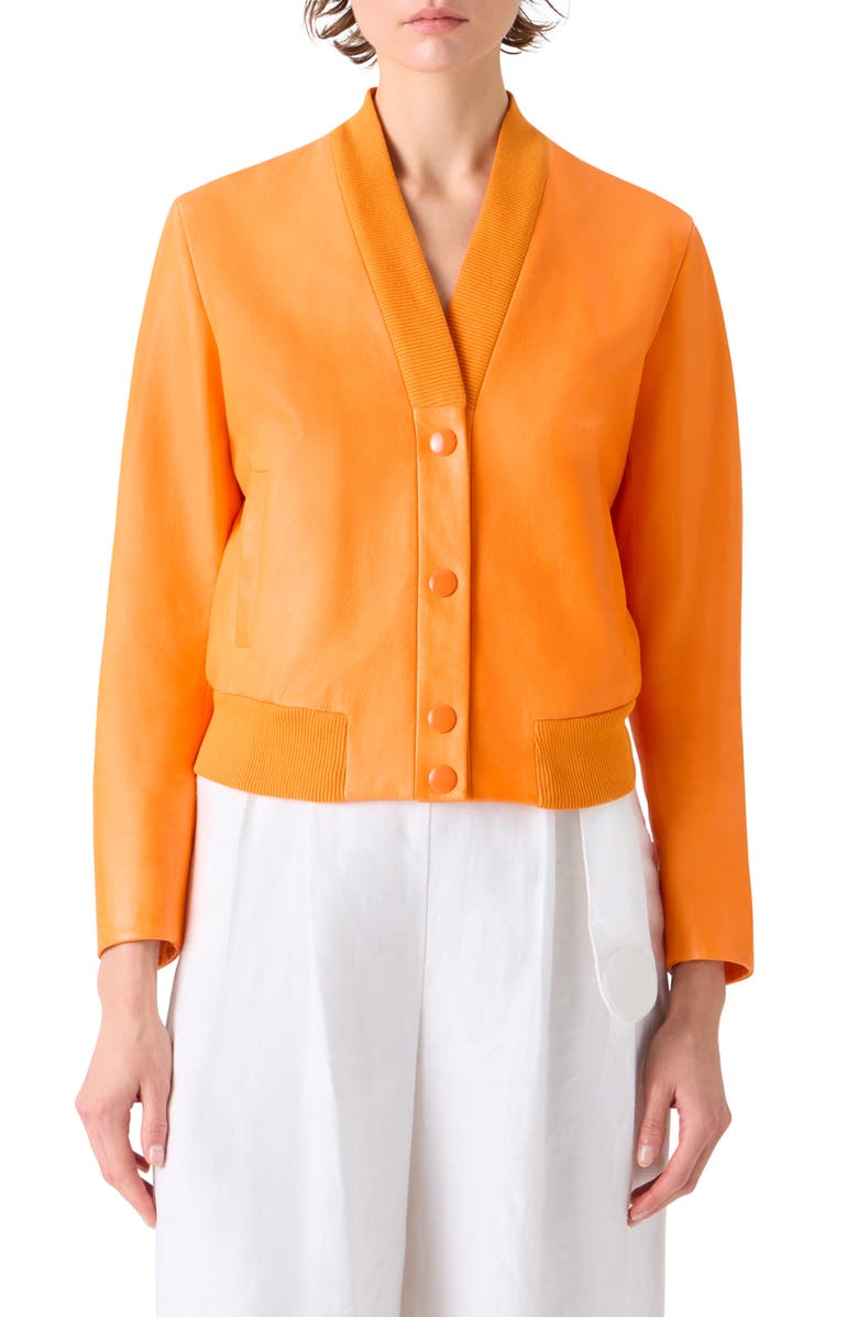 Akris punto Crinkle Napa Leather Bomber Jacket, Main, color, Orange