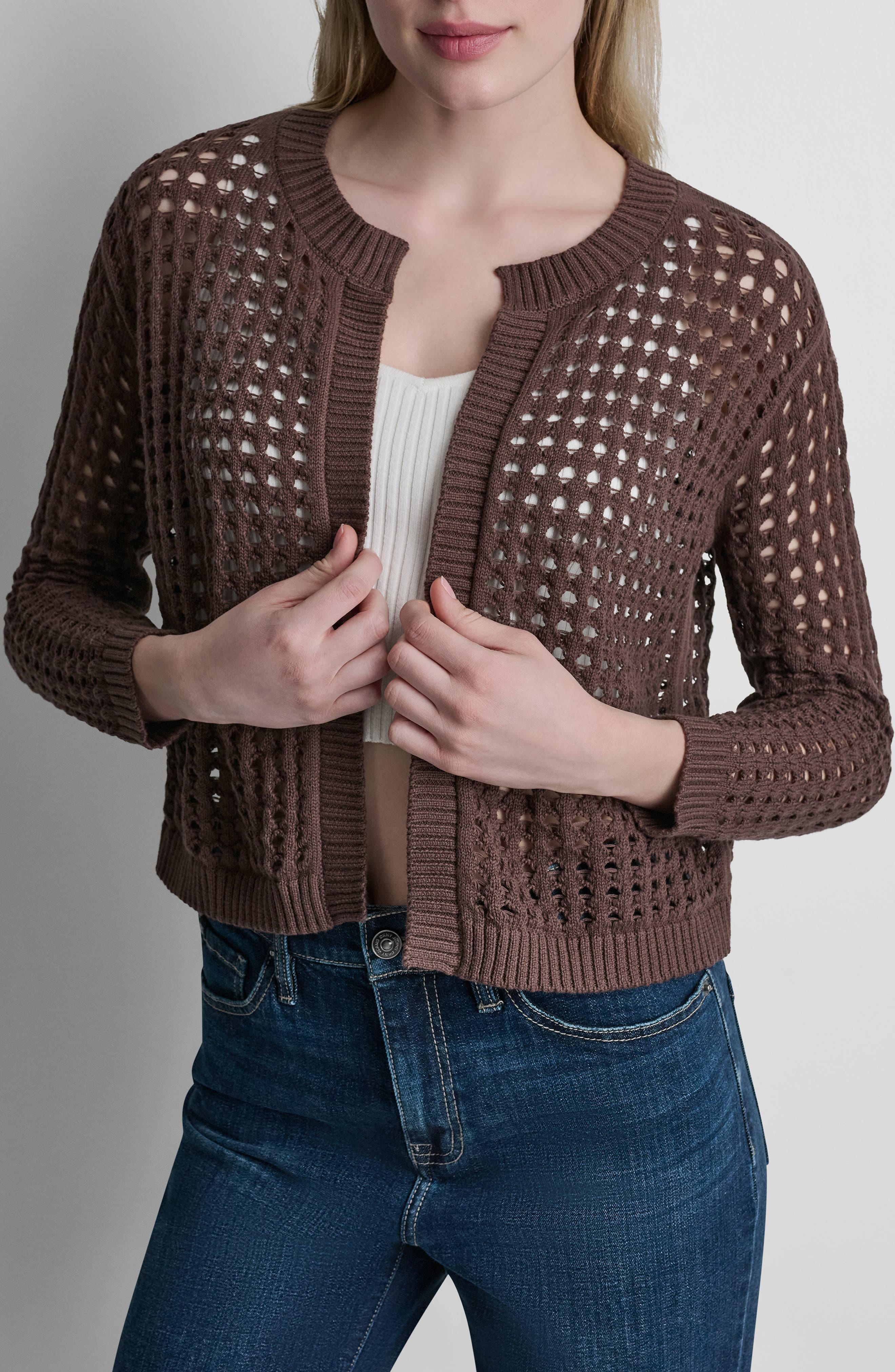 Dkny Jeans Open Stitch Cotton Cardigan In Chestnut