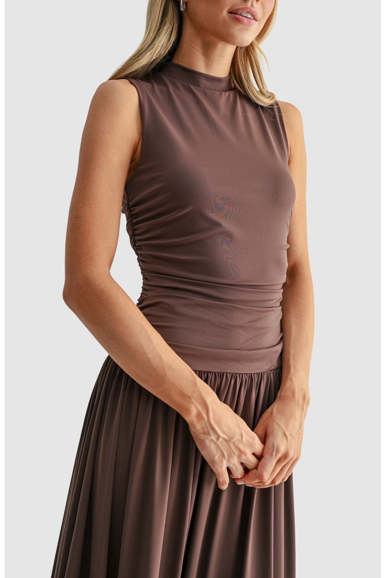 Ruched Mock Neck Drop Waist Fit & Flare Midi Dress, Alternate, color, BROWN