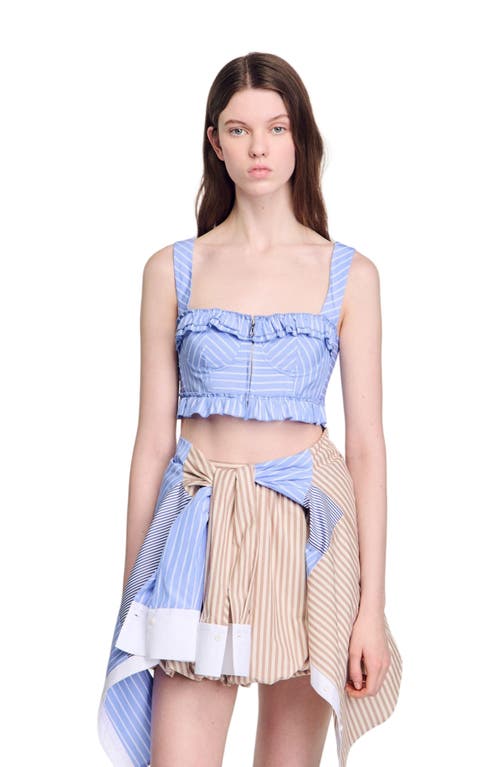 Sandro Womens Bleus Striped Ruffle-trim Cotton-blend Crop Top In Blue